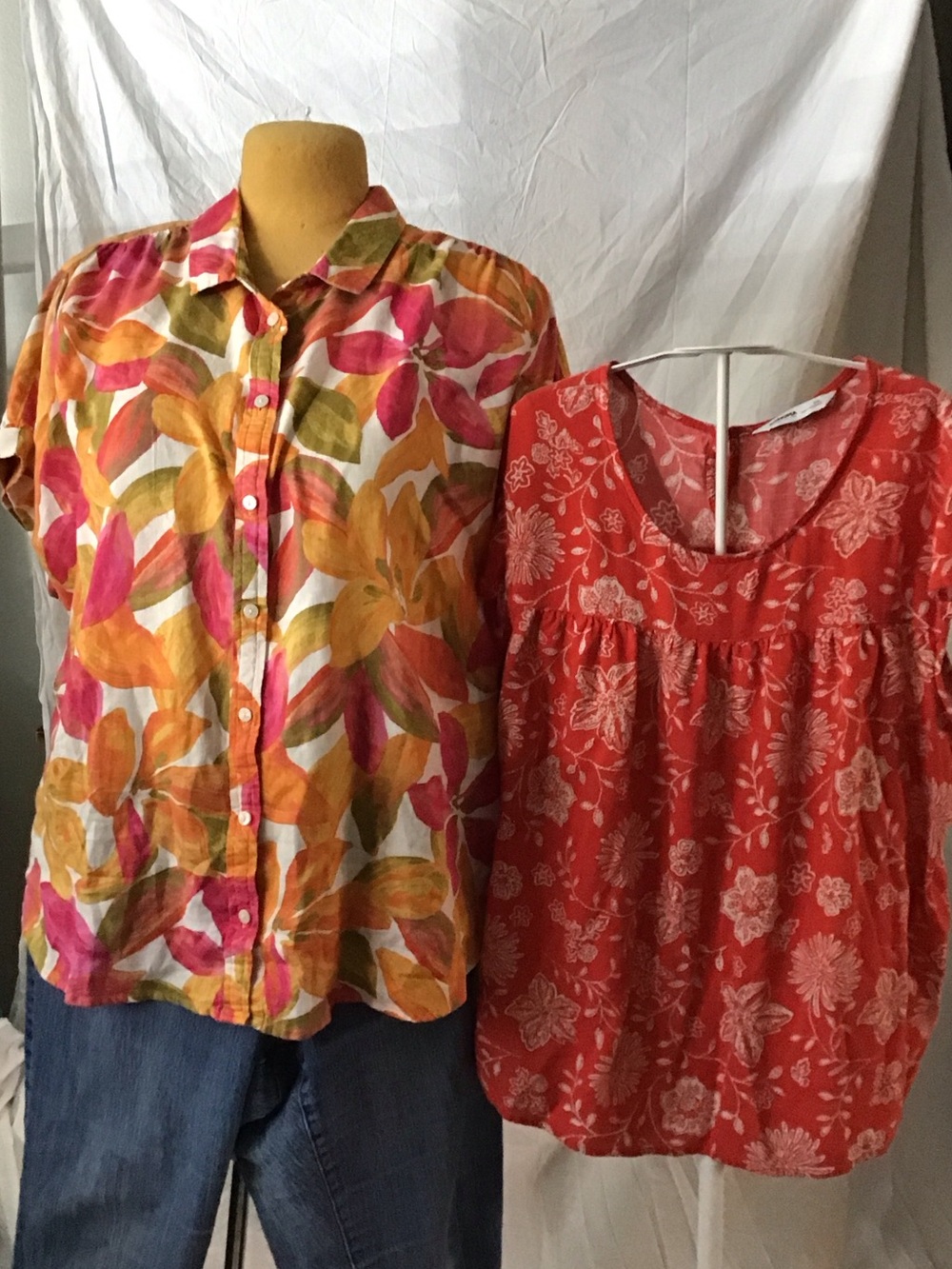 Time and Tru Pink Orange Green Floral Linen Blouse red cap sleeve Sonoma top
